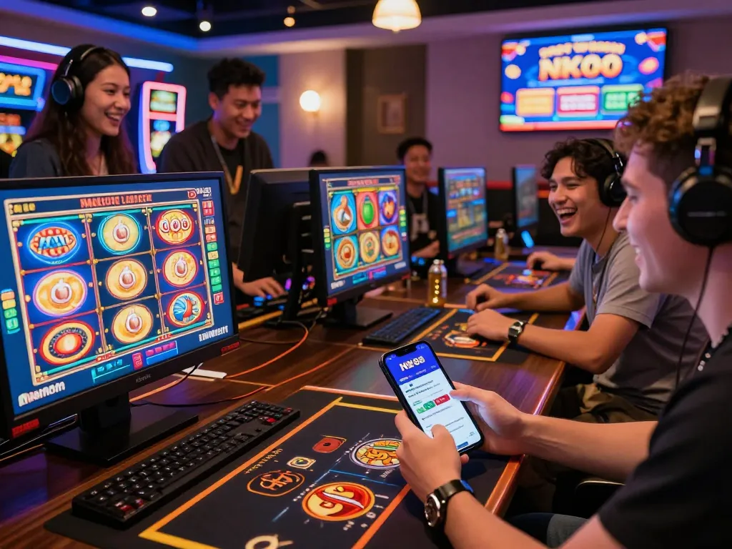 Exciting NK88 casino gaming scene with players enjoying various games and using mobile app.