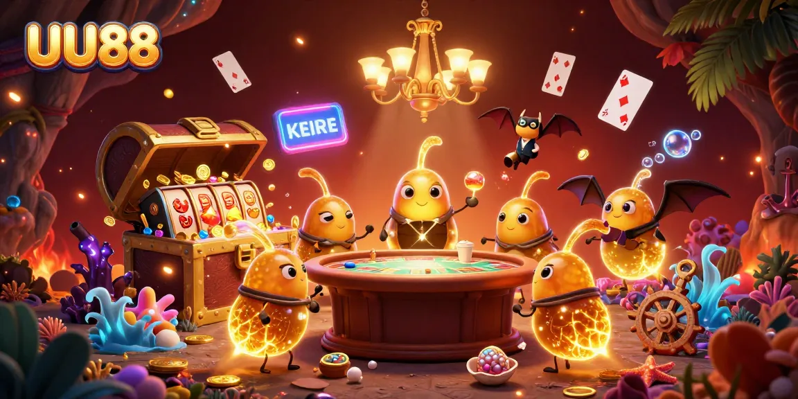 Join UU88 in a vibrant 3D casino scene featuring glowing worms and lively game elements.