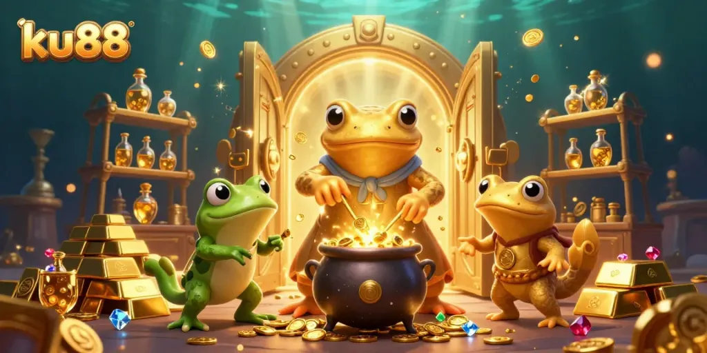 Engage with ku88's vibrant 3D casino scene filled with gold coins and treasures.