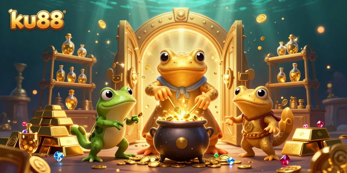 Engage with ku88's vibrant 3D casino scene filled with gold coins and treasures.