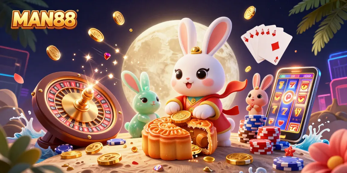 Experience thrilling gameplay at MAN88 with a rabbit character unveiling poker chip-filled mooncakes.