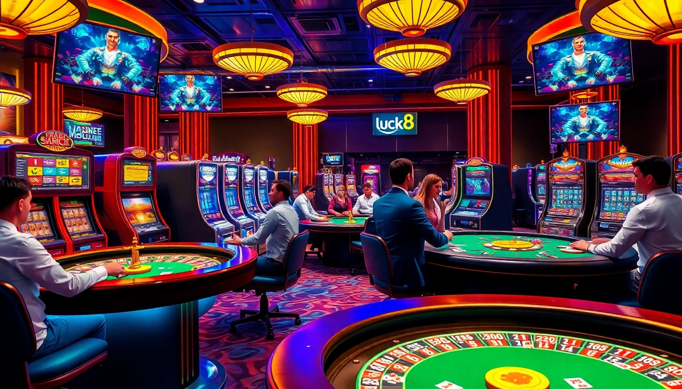 A thrilling casino scene featuring players immersed in gambling action at various tables, embodying the excitement of luck8.