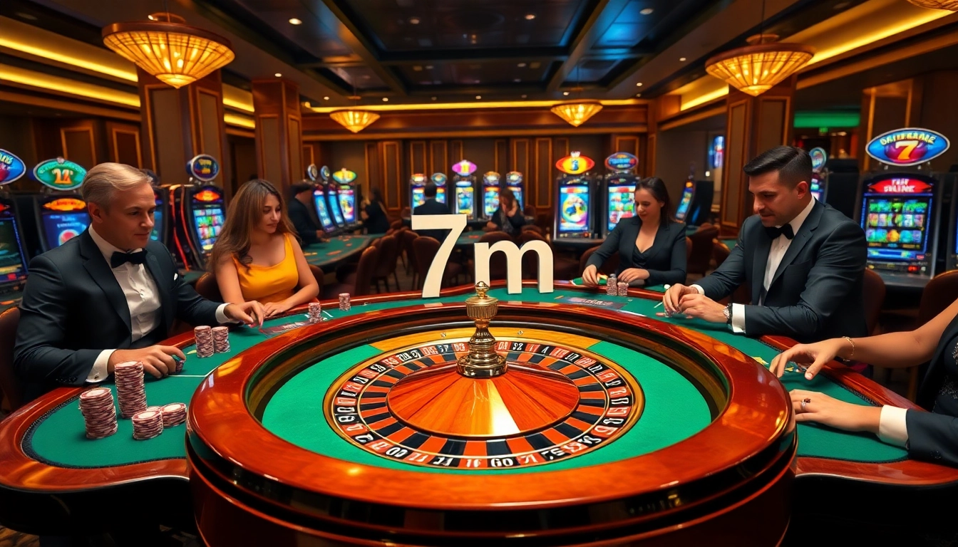 Exciting casino scene featuring a roulette wheel and blackjack tables with 7m elements.