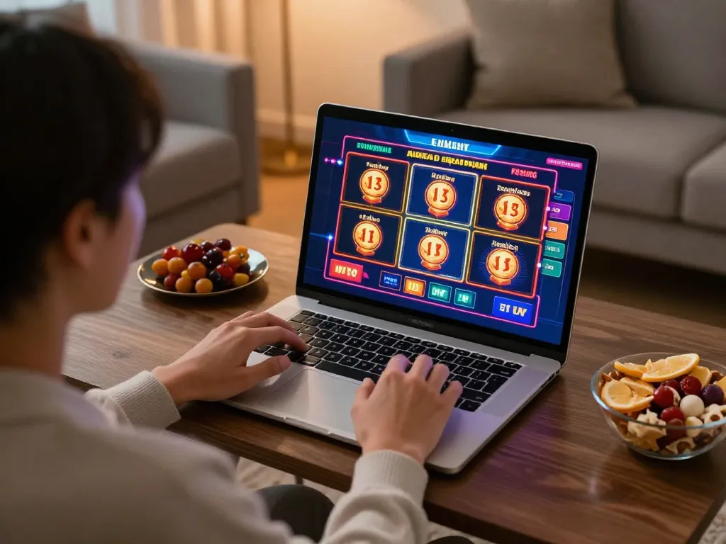 Engaging online gambling experience with kjc on laptop, vibrant slot machine visuals