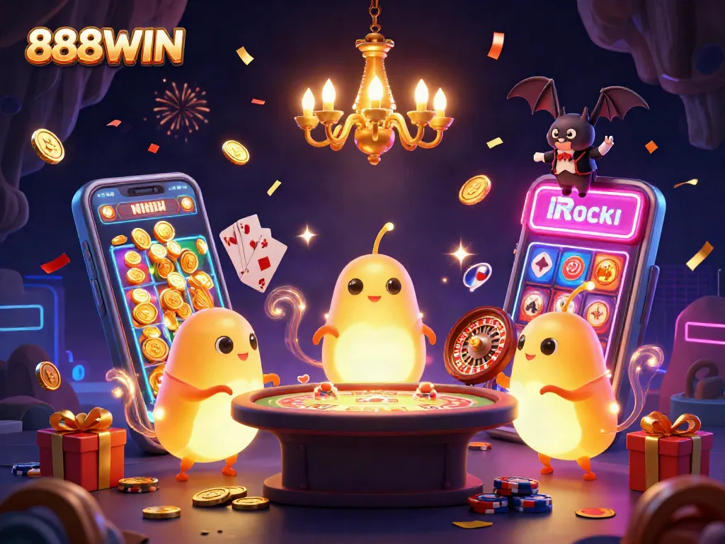 Engage with 888WIN in a vibrant, bioluminescent cave casino lighting up with excitement.