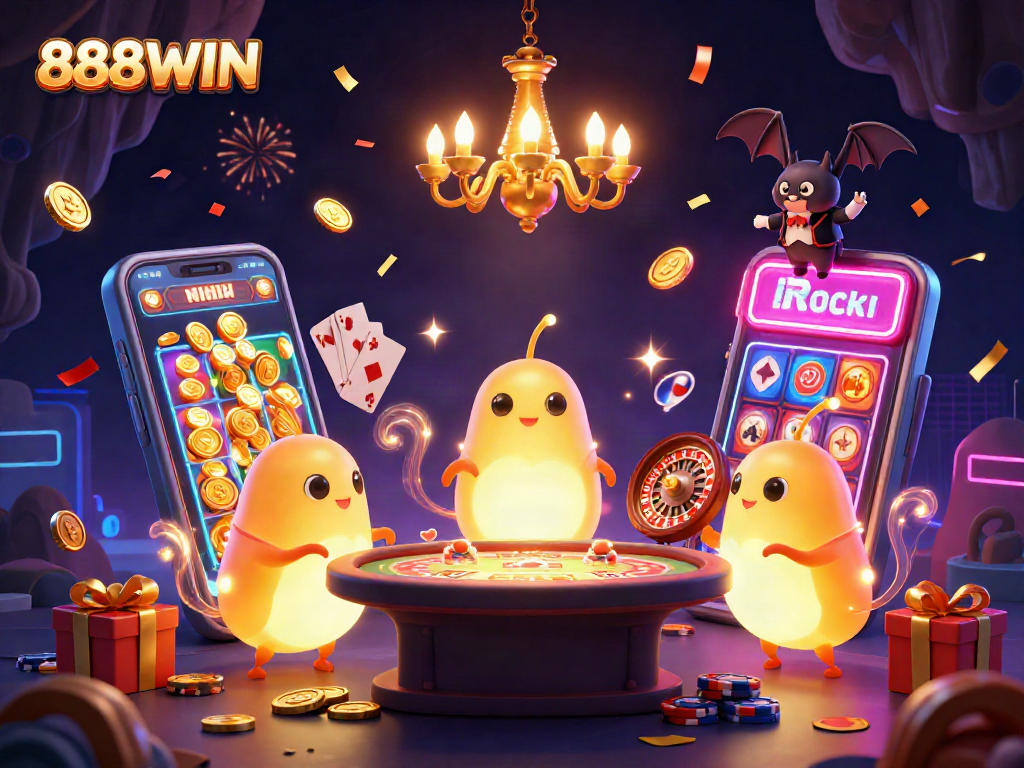 Engage with 888WIN in a vibrant, bioluminescent cave casino lighting up with excitement.