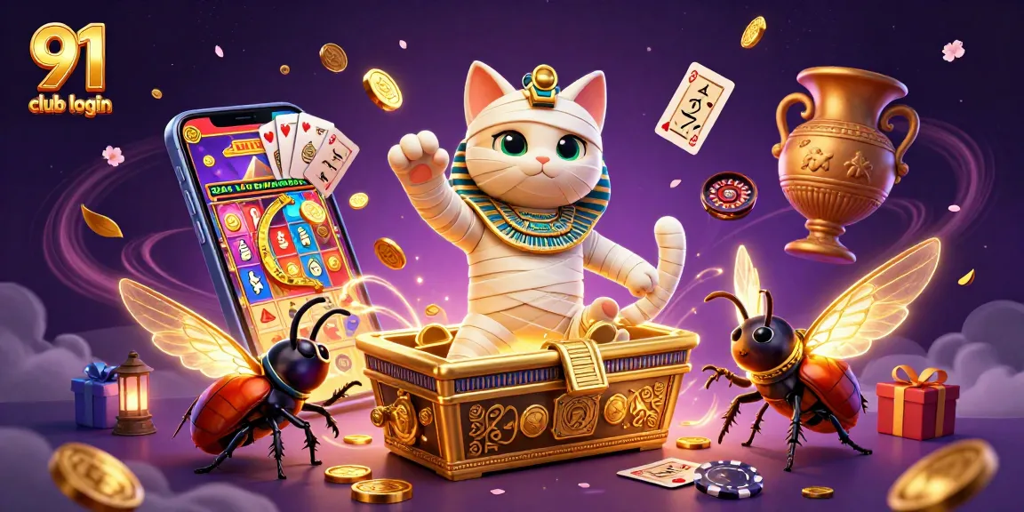Engage with 91 club login featuring a 3D cartoon Egyptian mummy cat and a scarab beetle in a vibrant casino scene.