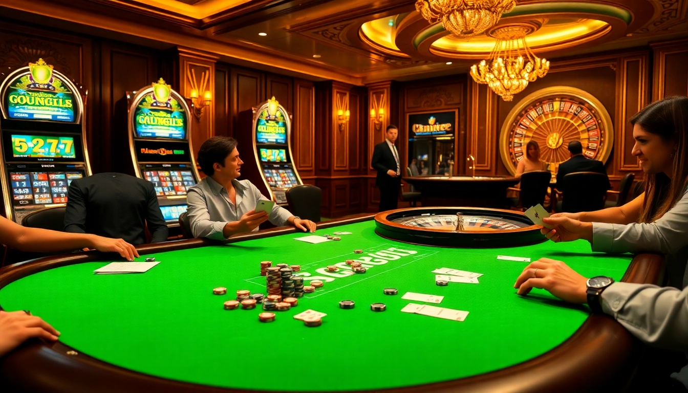 Jogadores aproveitando uma partida de alto risco em uma mesa de cassino luxuosa, exibindo fichas de pôquer com tema 69T.