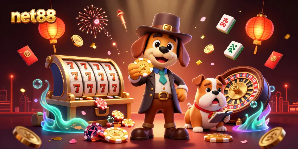 net88 engages players with a vibrant 3D scene of characters exploring poker clues amidst casino elements.