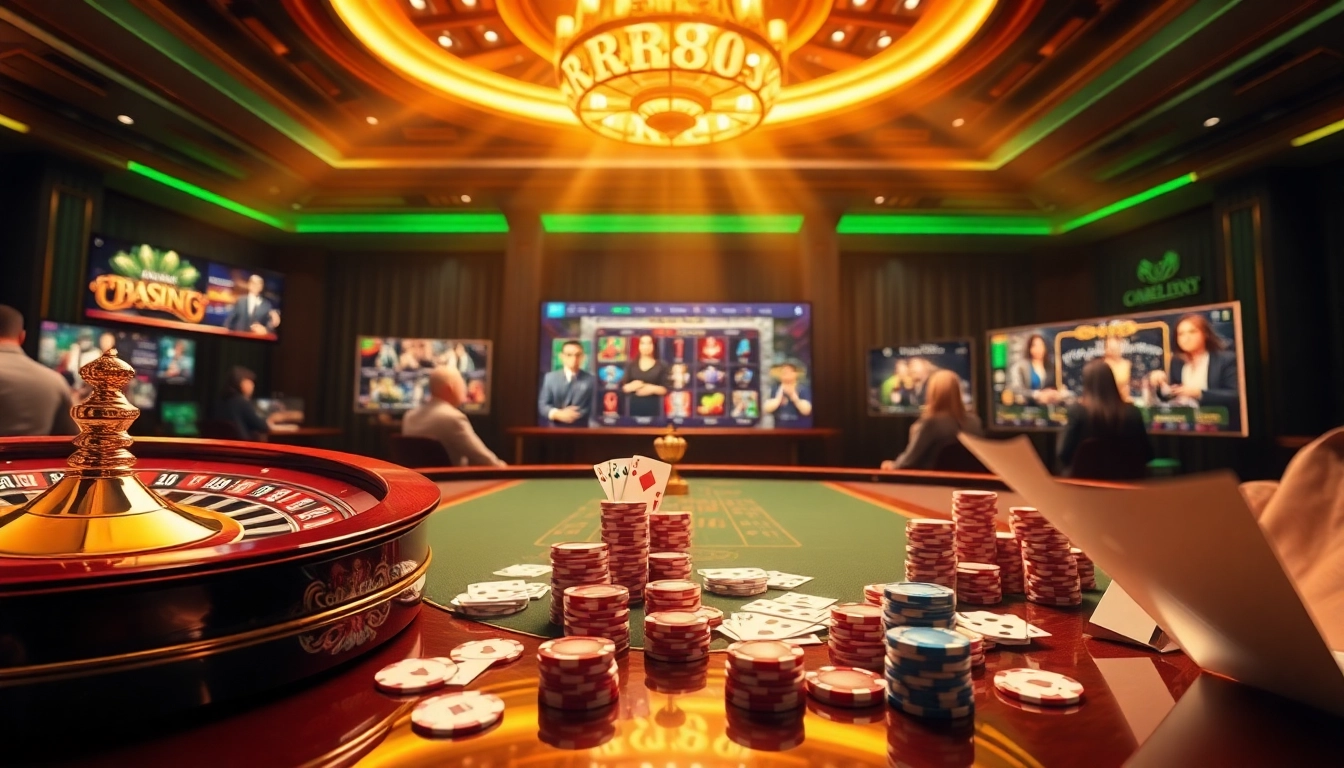Experience the thrill of rr88.com with vibrant casino gaming action, featuring roulette and poker elements.