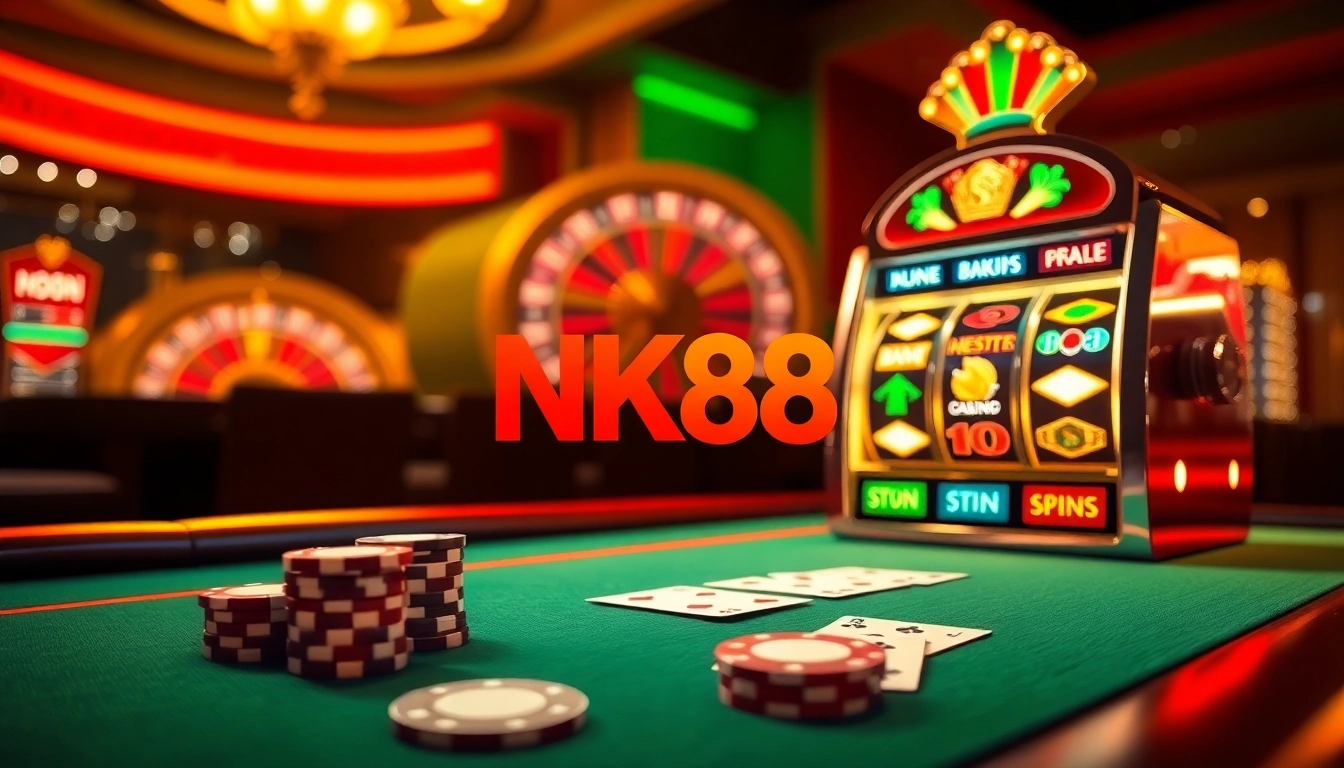 Experience the excitement of NK88 with a vibrant casino scene featuring poker tables and slot machines.