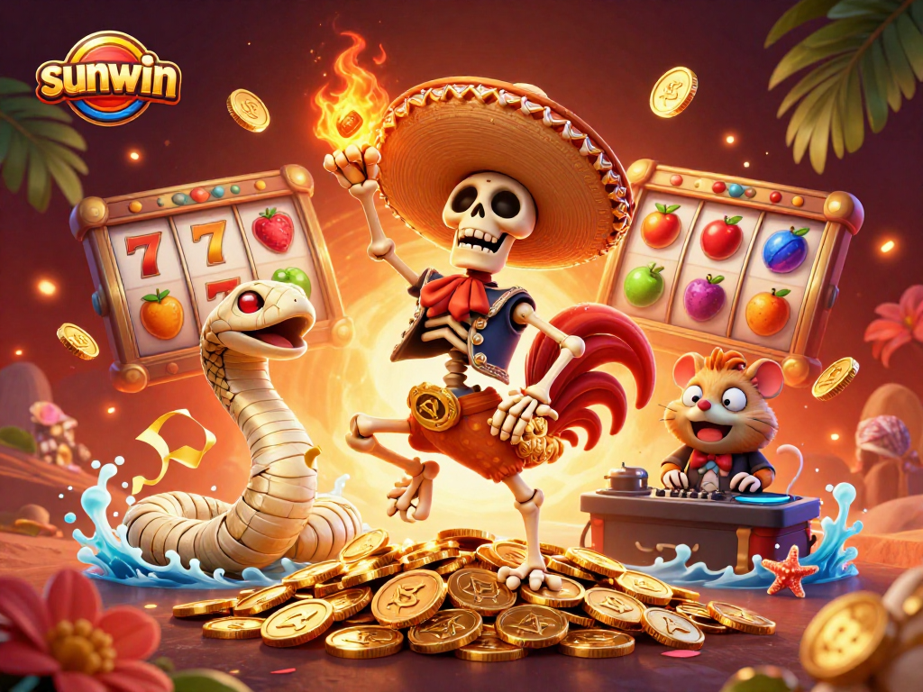 Experience thrilling slot action with sunwin featuring a lively mariachi rooster and gold coins.
