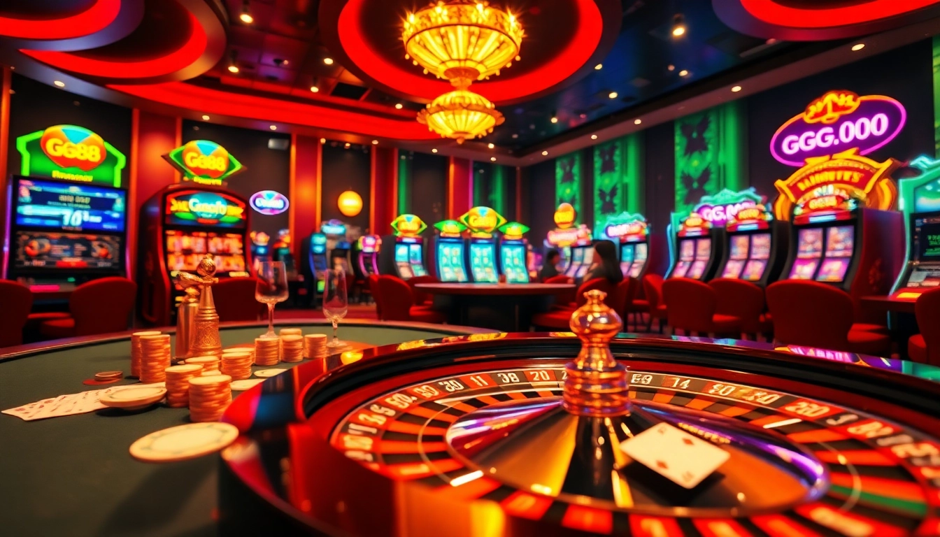Experience the excitement of GG88 with vibrant casino tables, poker chips, and engaging gaming interfaces.