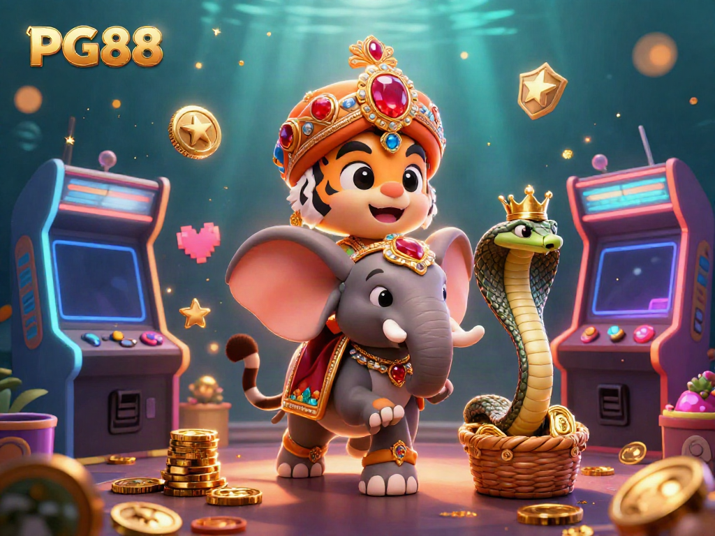 Engage with PG88 in vibrant 3D casino adventure featuring a maharaja tiger and jewel elephant.