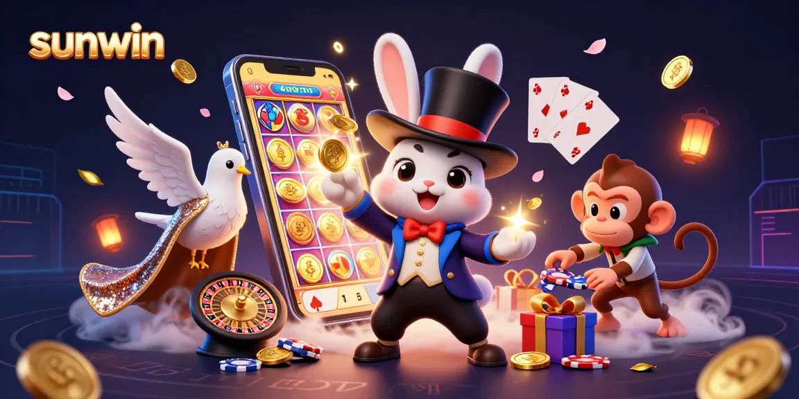 Experience the excitement of sunwin with a magician rabbit pulling coins, a dove, and a monkey amidst vibrant casino elements.