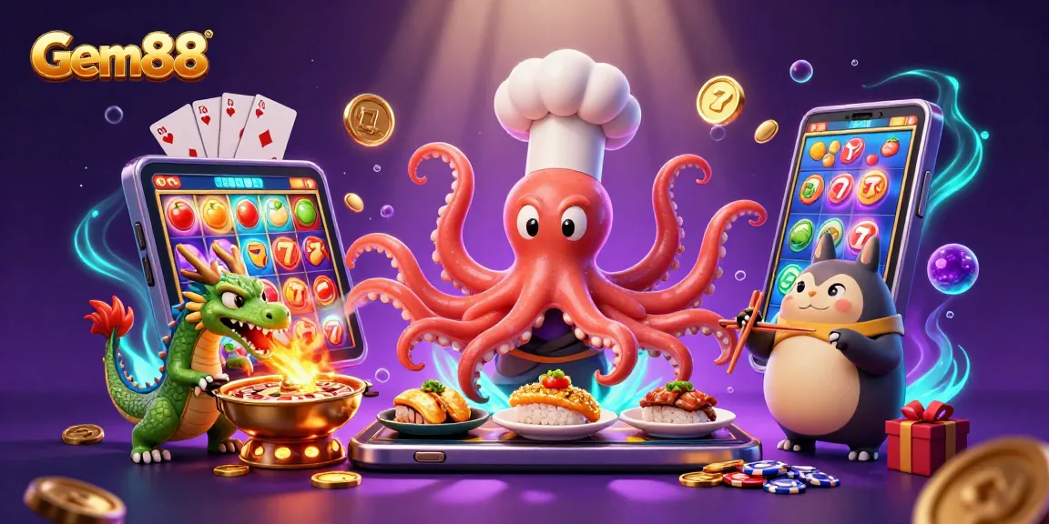 Gem88 showcases a vibrant 3D casino scene with an octopus chef, dragon, and tanuki amidst casino games.