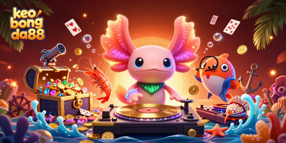 Bet on keo bong da88 with a vibrant 3D illustration of an axolotl DJ and sea creatures celebrating wins.