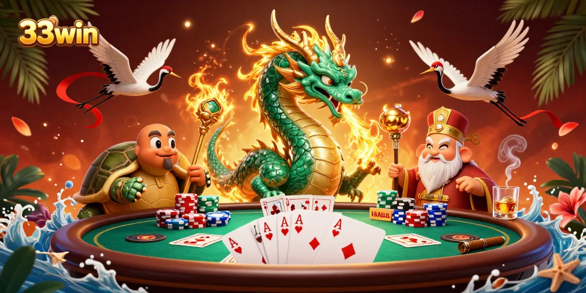 Experience the thrill of 33win with an epic battle scene featuring a jade dragon, lucky cranes, and poker elements.