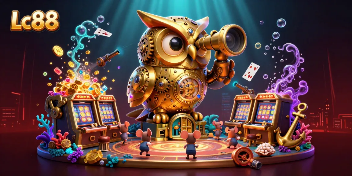 Engage with Lc88's vibrant casino scene featuring a golden owl overseeing a lively floor of games.