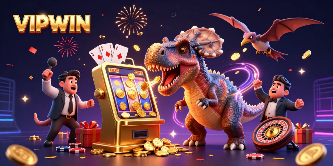 VIPWIN delights players with a vibrant casino scene featuring a dinosaur-themed jackpot celebration.