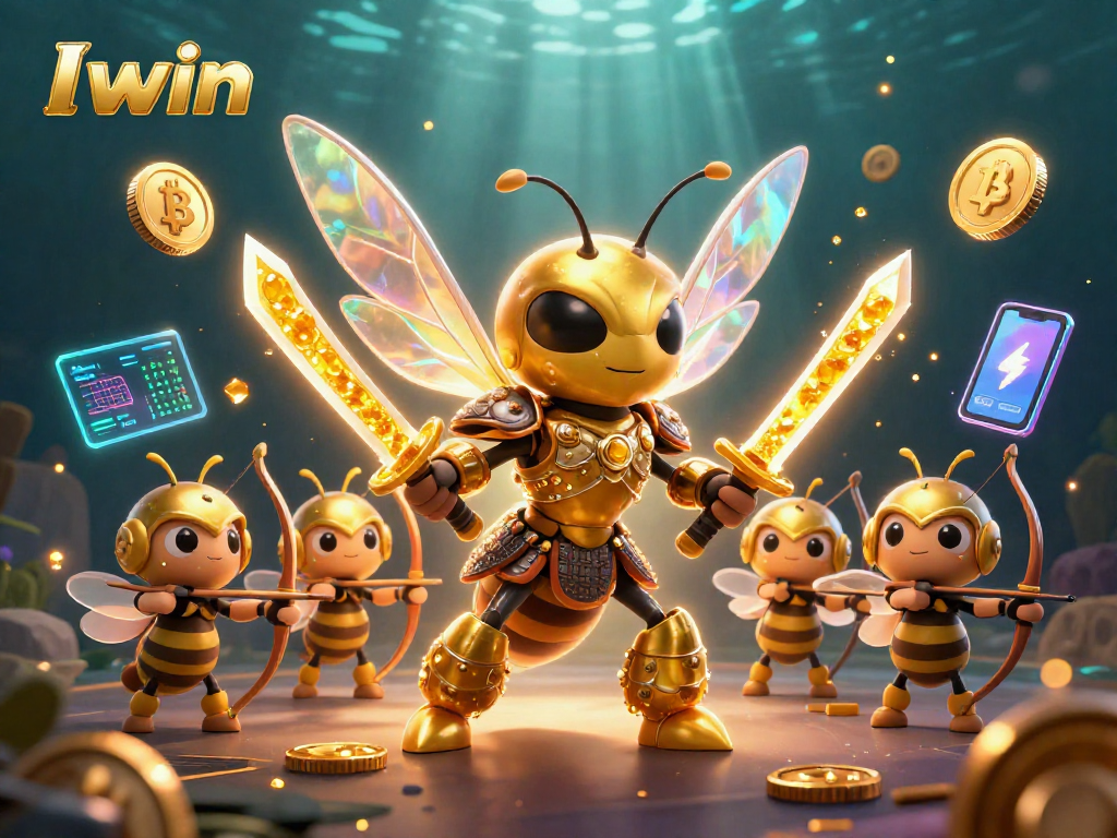 Iwin gaming scene with a giant samurai hornet and bee archers in a crypto casino.