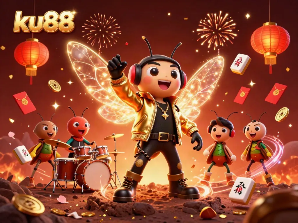 ku88 celebrating winnings with dynamic rock star cicadas and festive casino elements