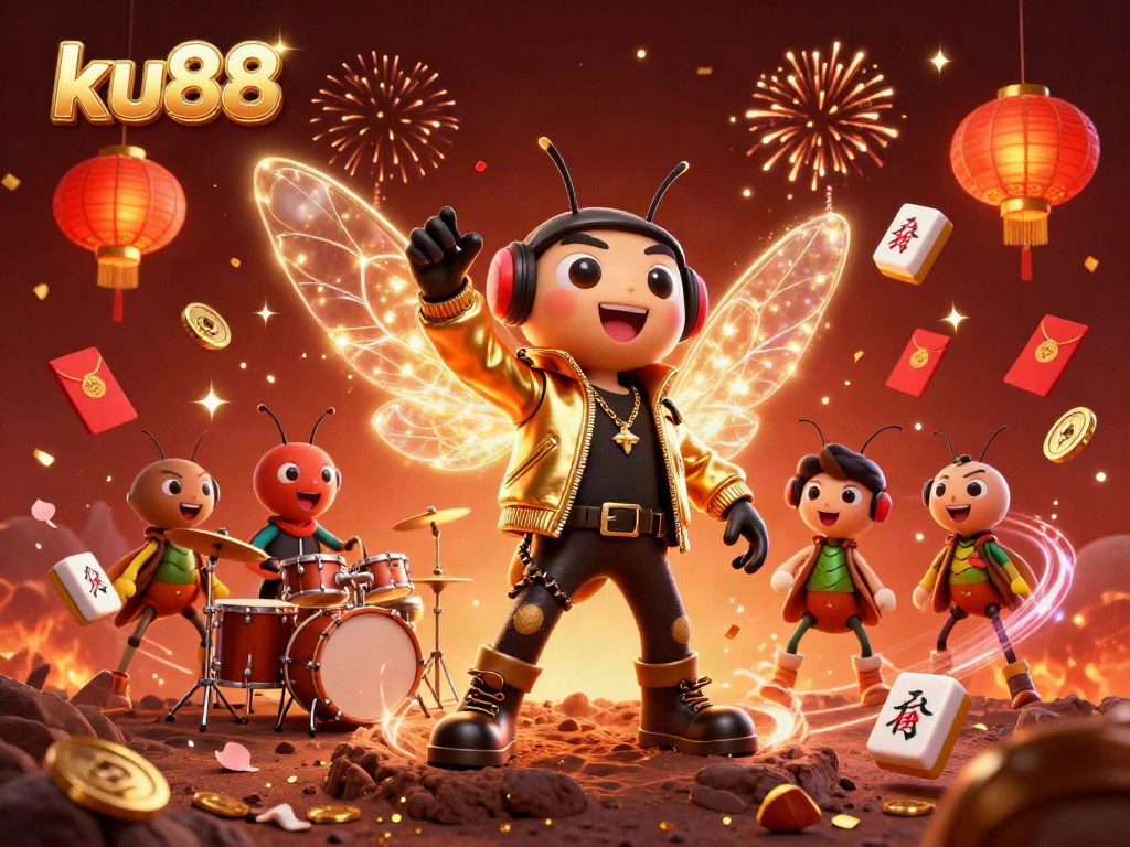ku88 celebrating winnings with dynamic rock star cicadas and festive casino elements