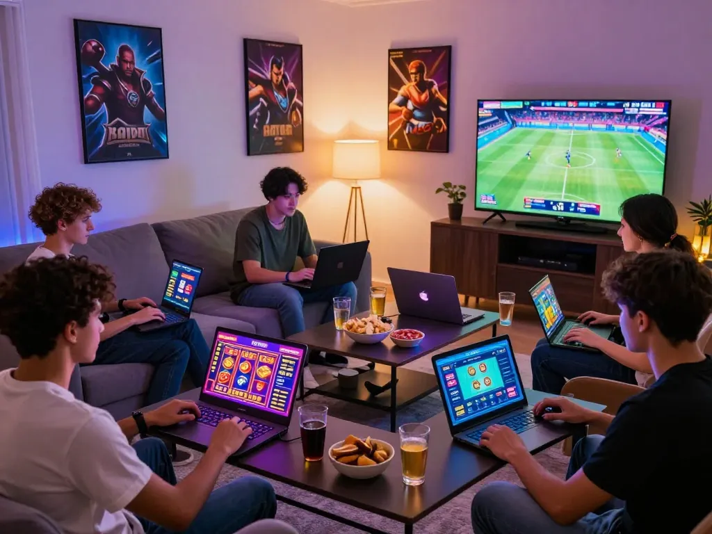 Friends enjoying games on 887bet platform in a lively living room setting.