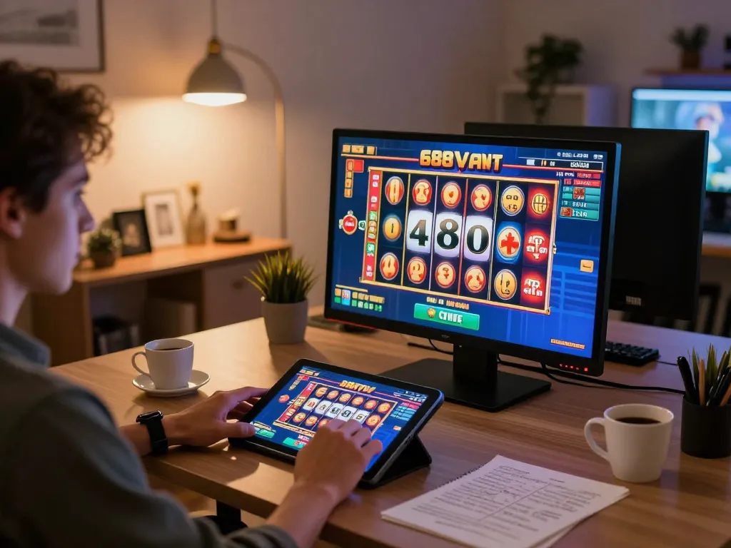 Person enjoying exciting slot games on 688v tablet in a cozy home office setup.
