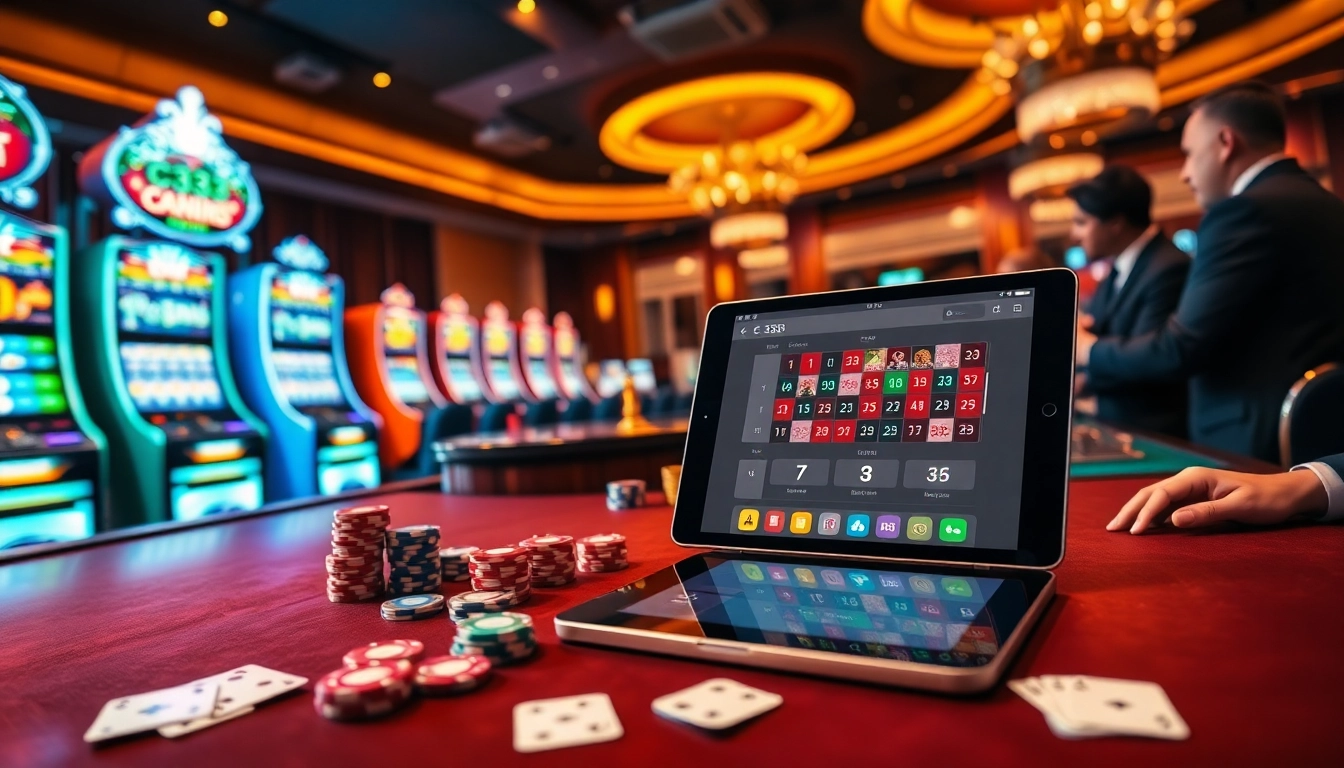 C333 envolvendo jogadores em um cassino online de luxo com caça-níqueis vibrantes e blackjack.