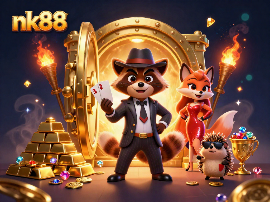 Experience thrilling action with nk88, as a raccoon with a royal flush takes center stage in a dazzling casino scene.