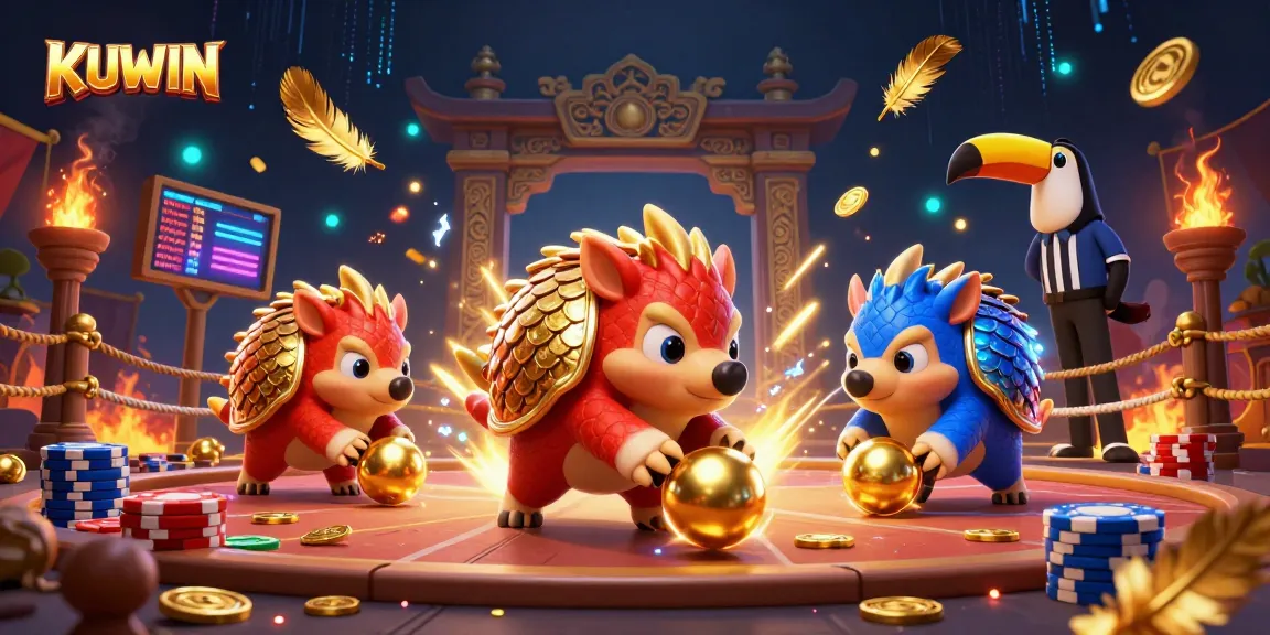 KUWIN rivals compete in a dynamic casino scene, rolling into golden balls amid poker chips.