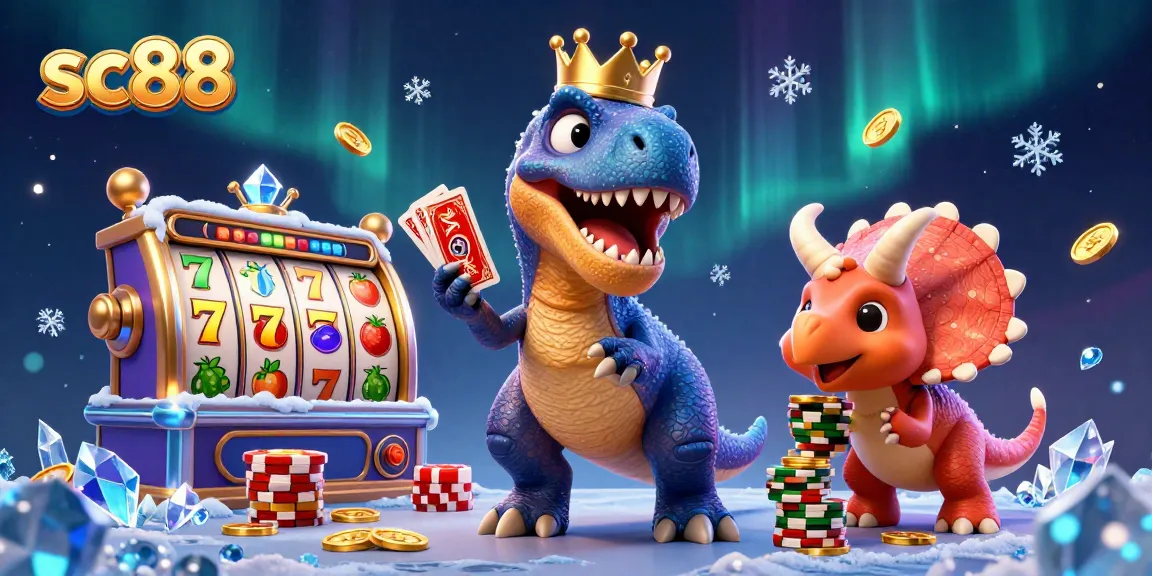 Engage with sc88's entertaining 3D scene depicting a T-Rex shuffling cards while friends stack casino chips in a vibrant atmosphere.