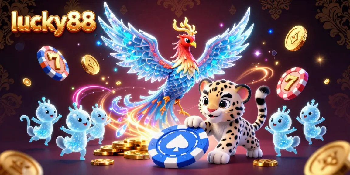Engage in thrilling luck with lucky88, featuring a snow leopard cub and an ice phoenix in a vibrant casino scene.