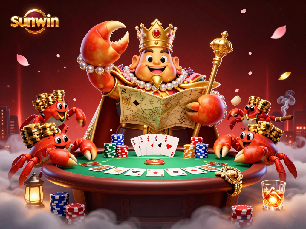 Play poker at sunwin with a cartoon crab emperor guiding players to winning strategies.