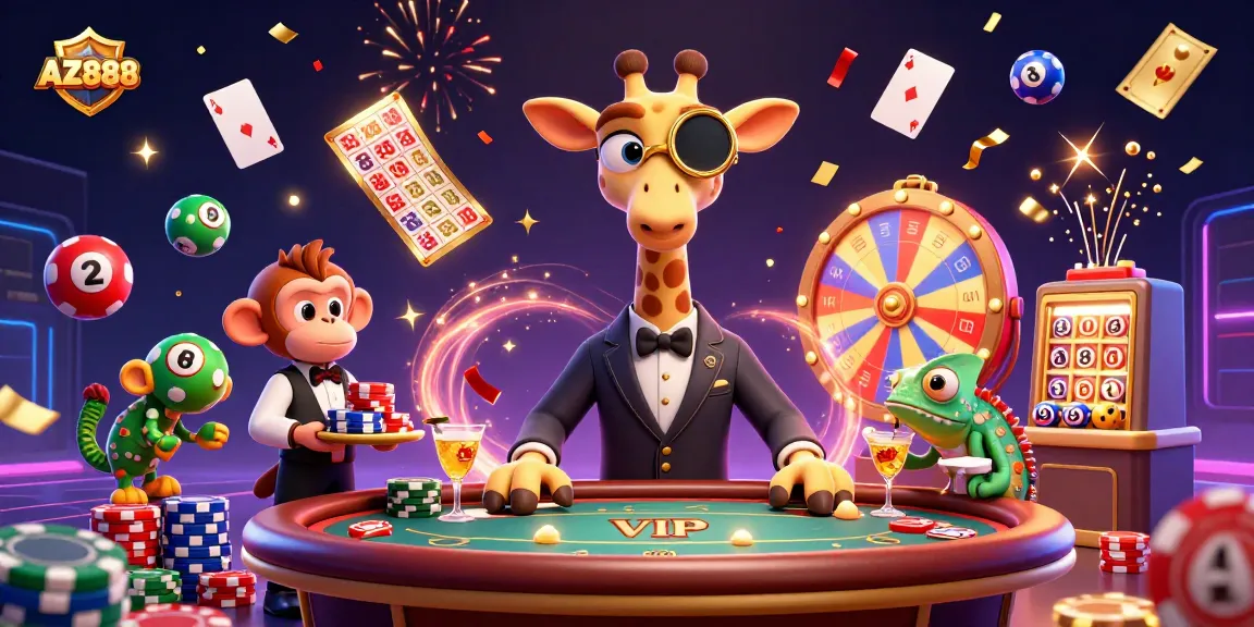 Experience the excitement of AZ888 with a high-roller giraffe and dynamic casino elements surrounding him.