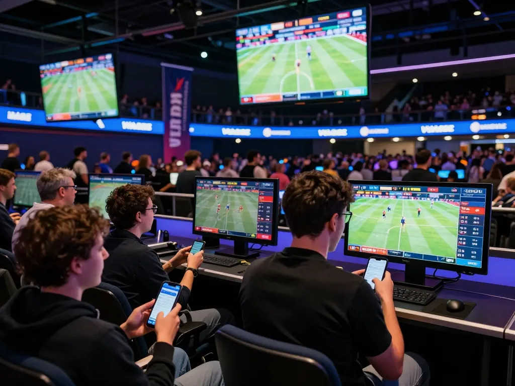 vin88 users actively placing bets in a lively sports arena with excited fans and large screens.