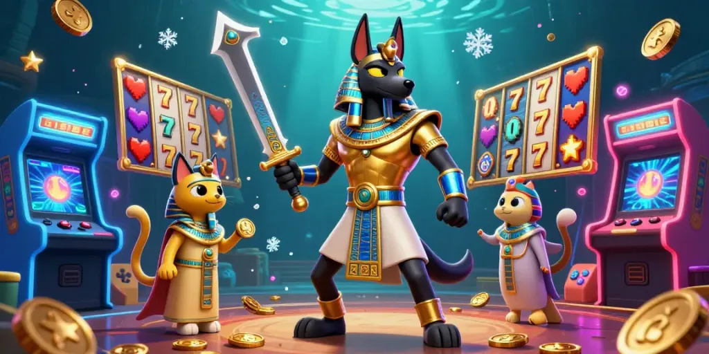 Experience the thrills of GTWIN online slots with Anubis and Bastet in a vibrant casino scene.