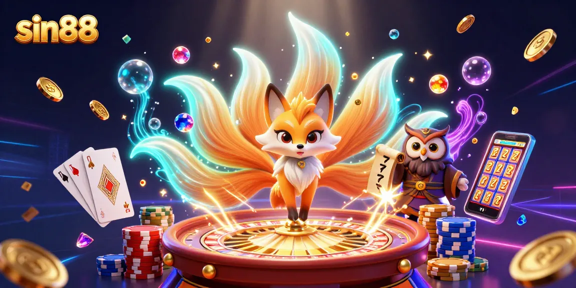 Experience thrill with sin88's captivating casino scene featuring a nine-tailed fox and vibrant game elements.