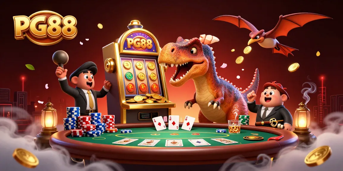 PG88 celebrates a jackpot moment with a pachycephalosaurus and friends in a vibrant casino scene.