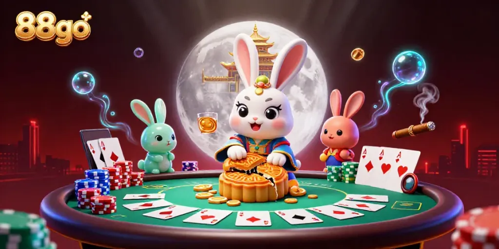 Experience the thrill of 88go with a moon rabbit surrounded by poker chips and live gaming elements.