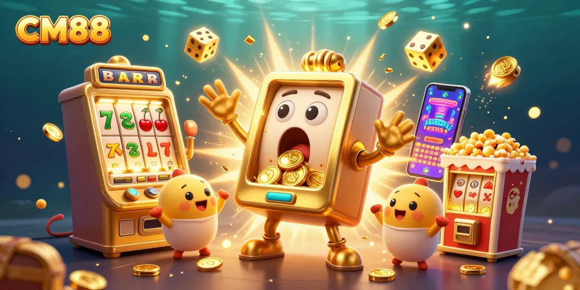 CM88's golden slot machine hitting a jackpot amidst a vibrant, dynamic casino scene filled with cheering machines and coins.