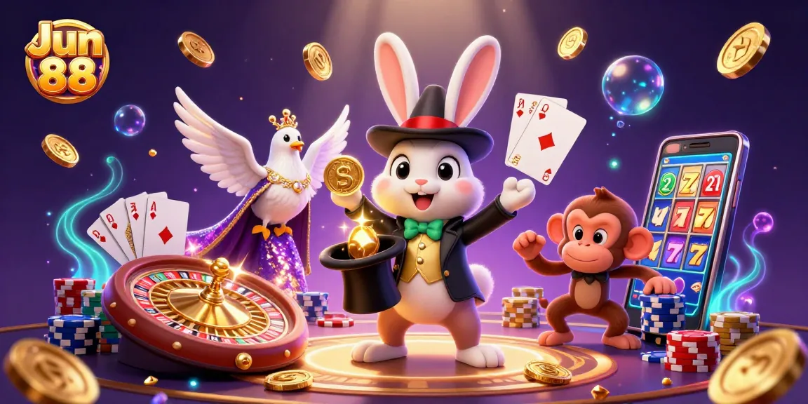 Engage in thrilling casino fun with Jun 88 as colorful characters animate a vibrant gaming scene.