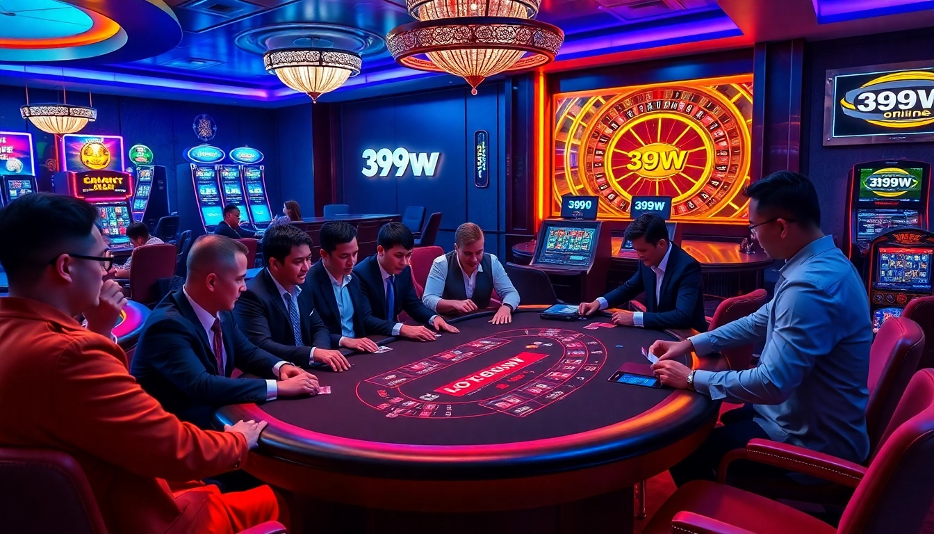 Players enjoying a blackjack game at 399w, showcasing chips and cards in a luxury casino setting.