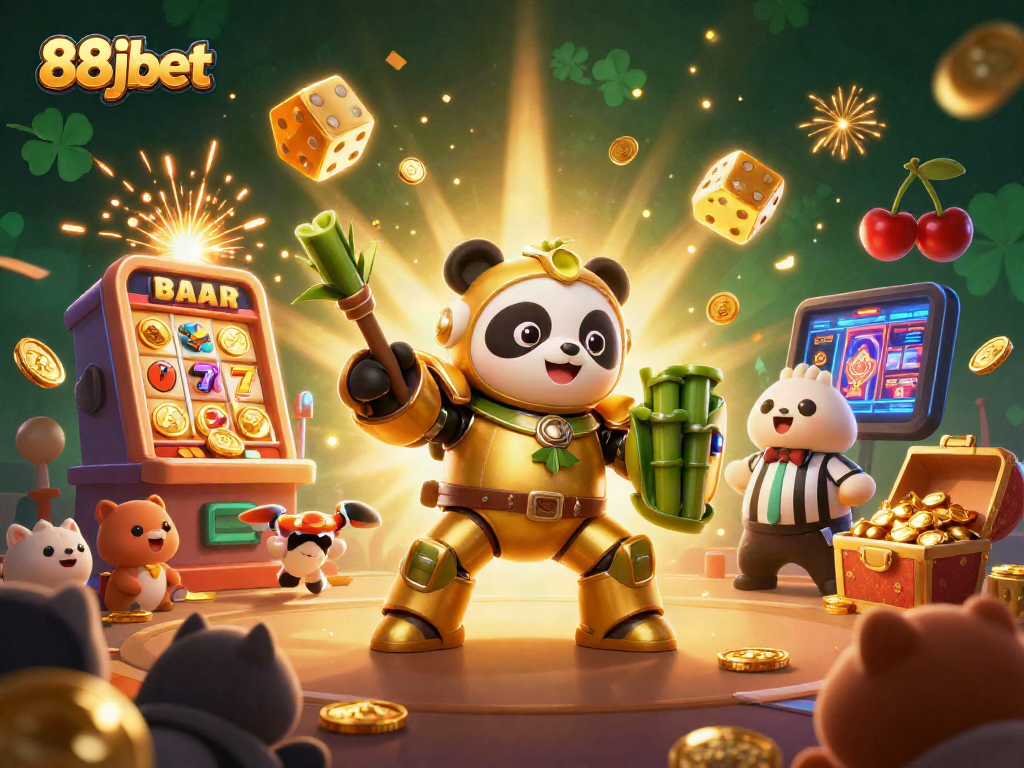 Engage with 88jbet's thrilling mech-suit robot battling in a vibrant casino arena filled with jackpots.