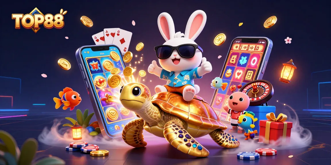 TOP88 simulates an exciting casino scene with a lucky rabbit and a golden turtle amidst casino elements.