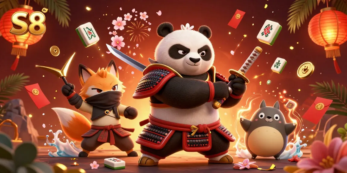 S8 captivates players with a vibrant 3D illustration showcasing a samurai panda and ninja fox in an exciting casino environment.