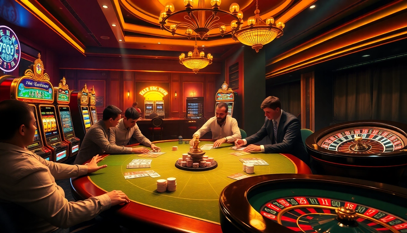 Players enjoying a lively poker game at the luxurious 777vip casino, surrounded by vibrant slot machines and a spinning roulette wheel.