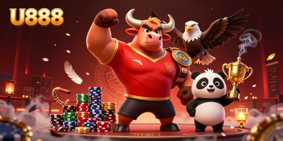 Experience the excitement of U888 with a dynamic scene featuring a bull mascot, eagle, and panda in a gambling arena.