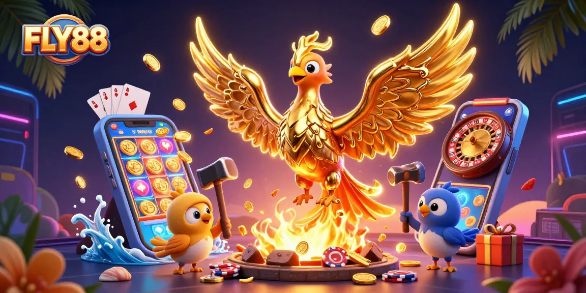 FLY88 immerses players in thrilling slots with a dynamic scene of a molten phoenix and vibrant casino games.